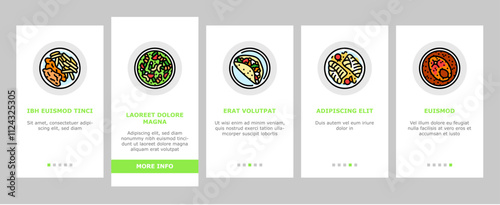 fish dishes onboarding mobile vector chips ceviche tacos baked cod curry pie poached soup stew kebabs blackened cakes fish dishes illustrations