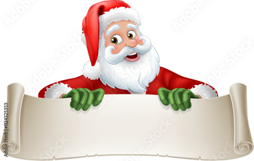 Santa Claus or Father Christmas holding a scroll sign. Perhaps a naughty and nice, gift list or invite cartoon.