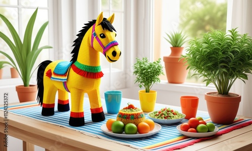 Colorful traditional mexican decor with brightly decorated piñata and vibrant table setting photo