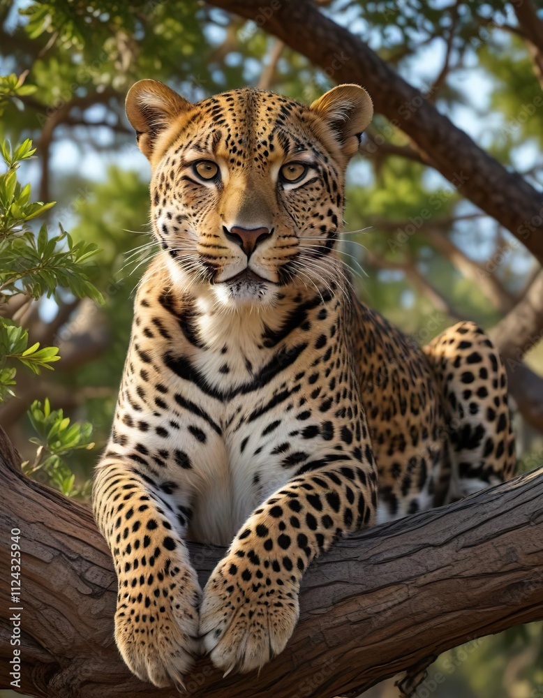 Leopard curled up in the Marula tree's branches, branch crevices, resting position Leopard curled up in the Marula tree's branches, branch crevices, resting position