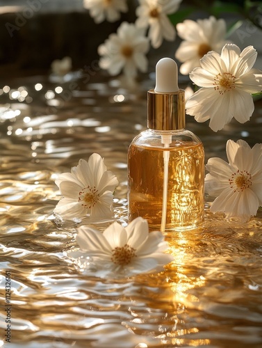 Golden essence bottle surrounded by daisies in water photo