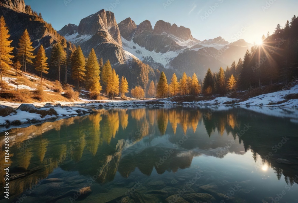Fototapeta premium Matted golden light on a frosty mountain lake in the heart of the Val di Sole pejo Trentino , Italy, frozen