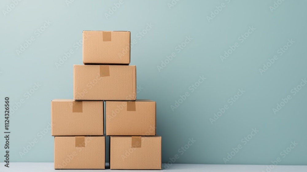 Obraz premium Stacked cardboard boxes against a blue wall background.