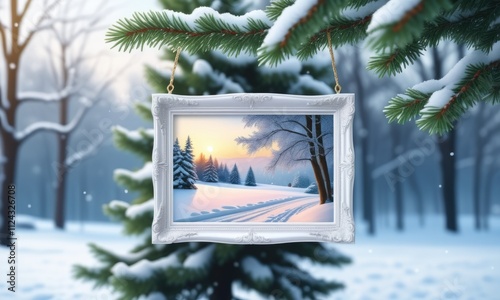 Framed winter landscape hanging on snowy pine branch, capturing serene forest scene