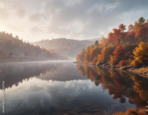 Misty morning over Ulldecona reservoir in autumn, nature scenery, fog, ulldecona reservoir photo