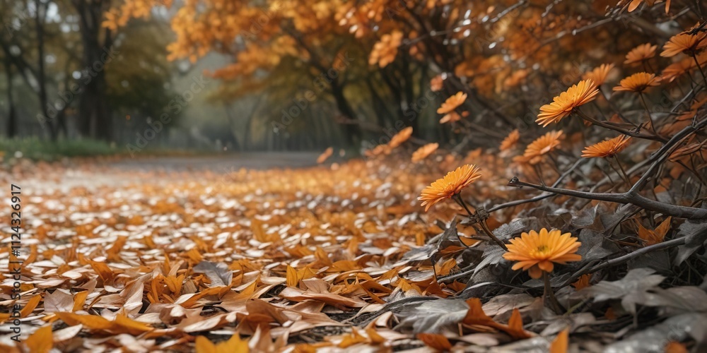 Muted orange chrysanthemum blooms against a soft autumn background with fallen leaves and branches , fall, autumn, flowers Muted orange chrysanthemum blooms against a soft autumn background with fallen leaves and branches , fall, autumn, flowers