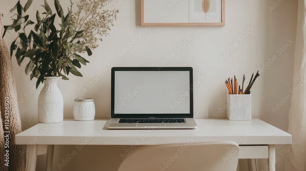 Fototapeta premium Minimalist Home Office Workspace with Laptop, Plants, and Decor