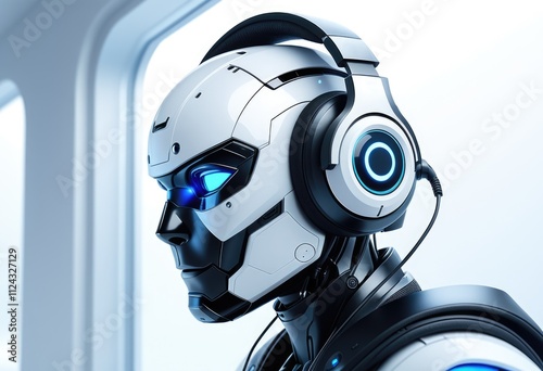 Futuristic robot with headphones in a modern setting: ai and technology innovation