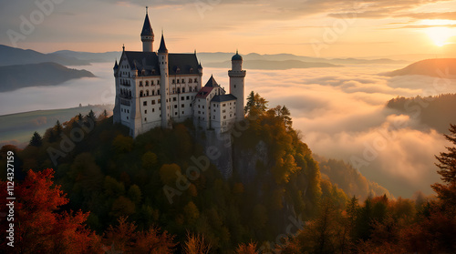 Majestic Castle Surrounded by Misty Mountains and Golden Sunset: A Scenic Viewpoint photo