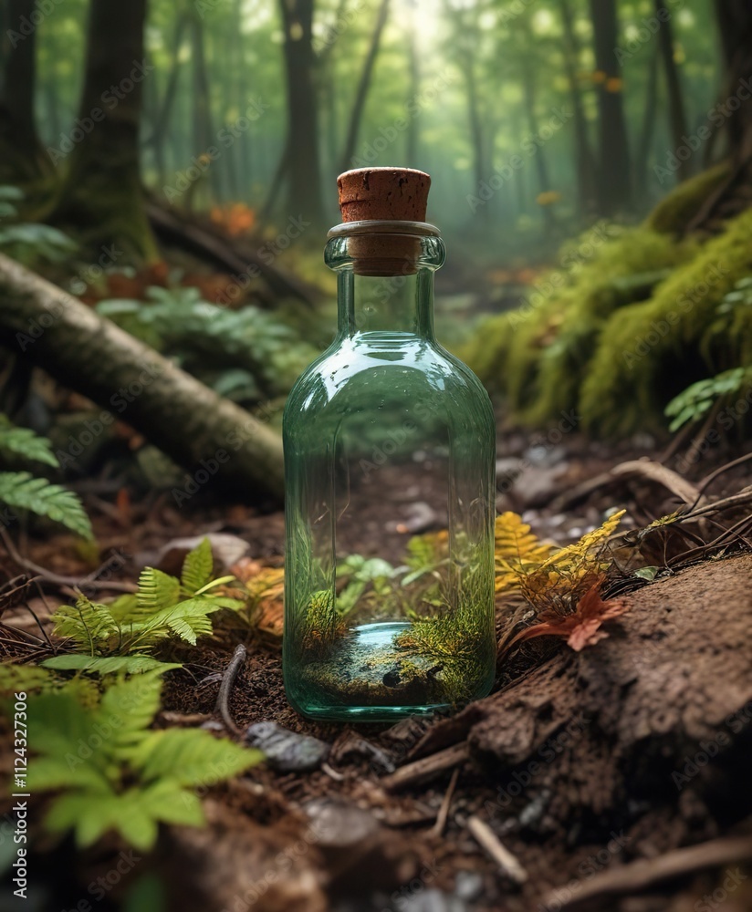 Old glass bottle half-buried in the forest floor, solitary, abandoned, decay Old glass bottle half-buried in the forest floor, solitary, abandoned, decay