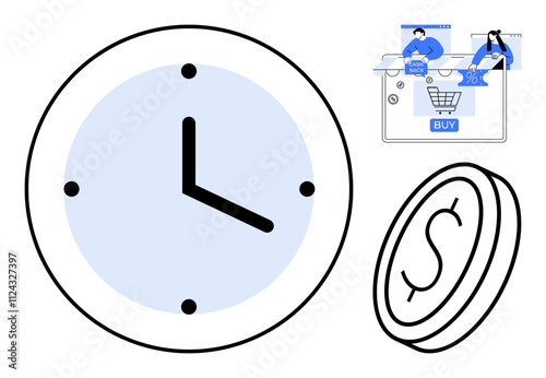Clock indicating time, coin representing money, and two people involved in online shopping. Ideal for time management, finance, e-commerce, digital transactions, productivity, economics business