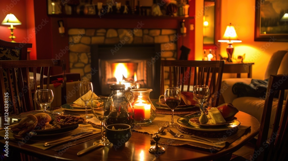 Cozy Christmas DinnerScene, Dining Table bathed in Warm Ambient Lighting, Piled with Sumptuous Fare, Fireplace Crackle Adding to Intimate Ambiance. 