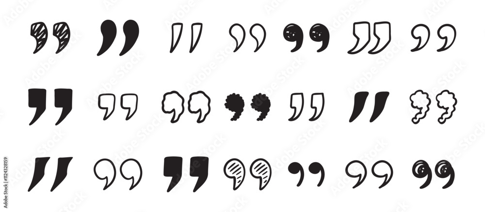 Quotation mark doodle hand drawn set. Quotation marks drawing for quotes template Quotation mark doodle hand drawn set. Quotation marks drawing for quotes template