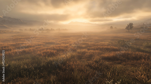 Wide-open fields in dense fog with faint sunlight breaking through.