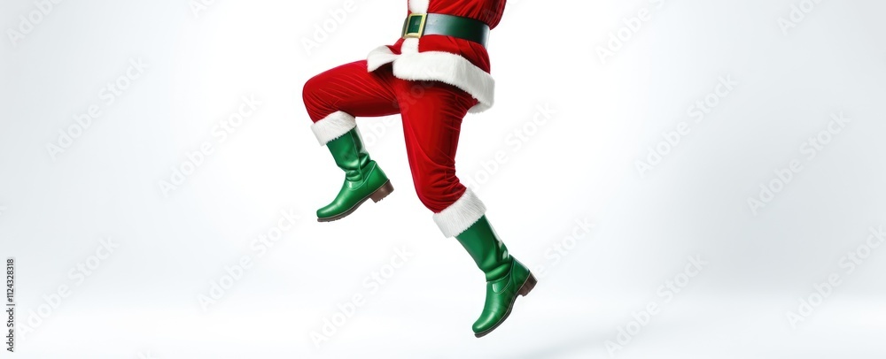 Festive santa jumping in christmas costume with green boots on white background Festive santa jumping in christmas costume with green boots on white background