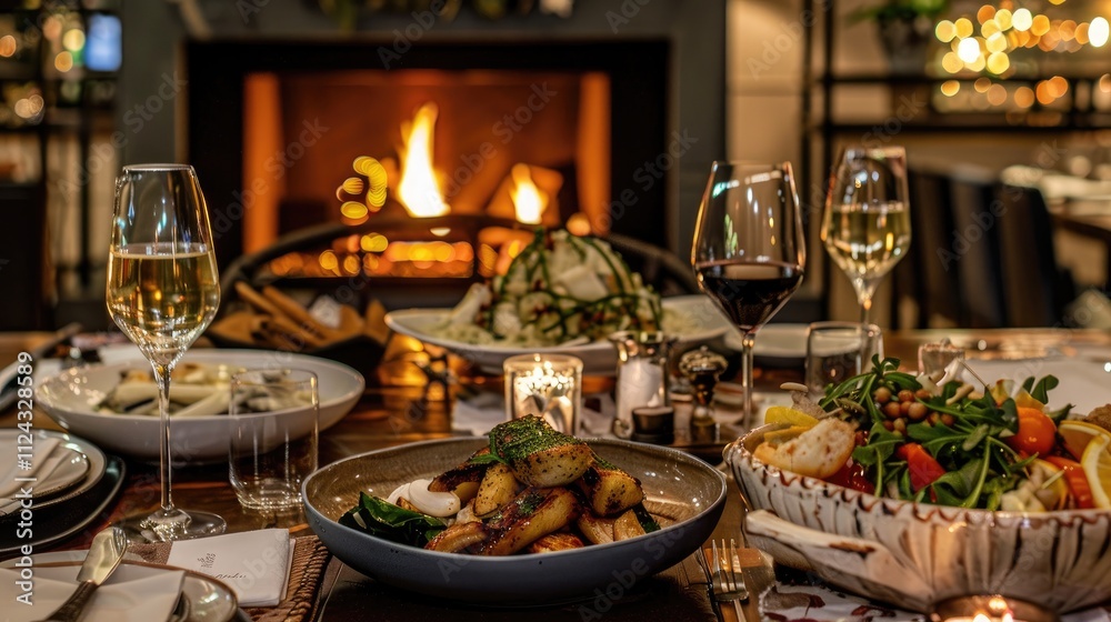 Cozy Christmas DinnerScene, Dining Table bathed in Warm Ambient Lighting, Piled with Sumptuous Fare, Fireplace Crackle Adding to Intimate Ambiance. Cozy Christmas DinnerScene, Dining Table bathed in Warm Ambient Lighting, Piled with Sumptuous Fare, Fireplace Crackle Adding to Intimate Ambiance.