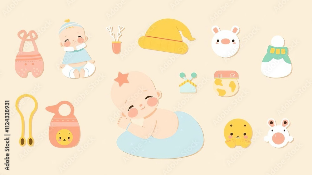 Various baby icons set including milk bottle, pacifier, stroller, diaper, and more, illustration, set Various baby icons set including milk bottle, pacifier, stroller, diaper, and more, illustration, set
