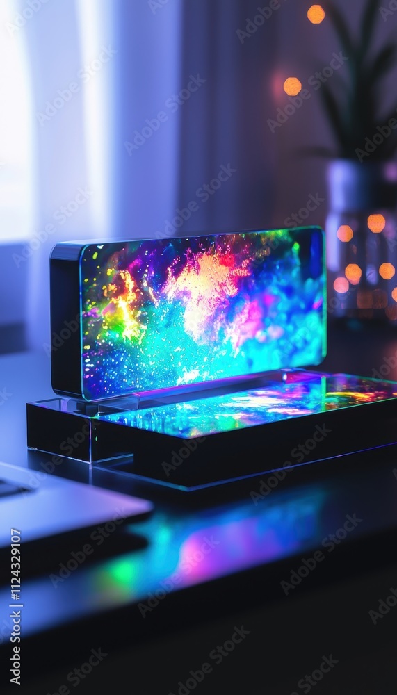 Futuristic Holographic Sticker on Acrylic Stand with Vibrant Reflections and High-Tech Design Futuristic Holographic Sticker on Acrylic Stand with Vibrant Reflections and High-Tech Design