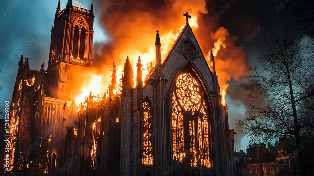 an ancient European style church burning in flame 
