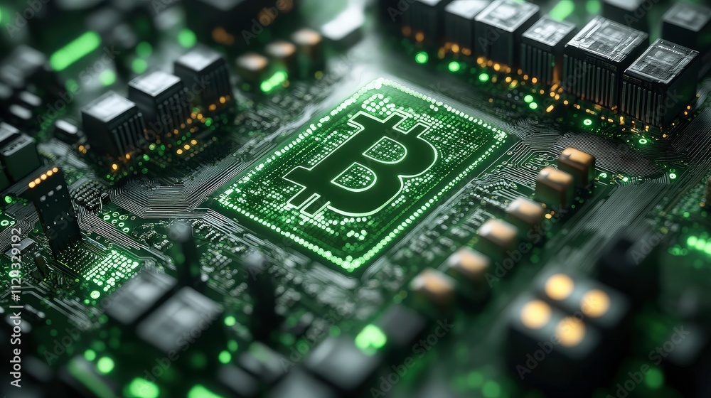 Close-Up View of Cryptocurrency Mining Motherboard with Bitcoin Symbol Illuminated by Green Lights, Designed for Digital Currency Transactions and Blockchain Technology Close-Up View of Cryptocurrency Mining Motherboard with Bitcoin Symbol Illuminated by Green Lights, Designed for Digital Currency Transactions and Blockchain Technology