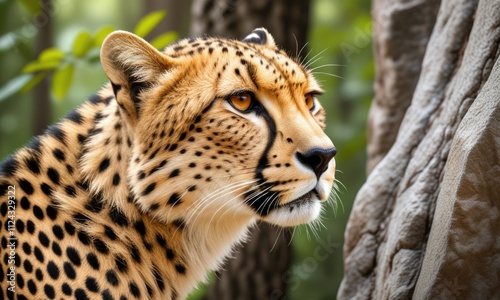 Majestic cheetah in natural habitat: closeup of graceful predator in lush forest setting