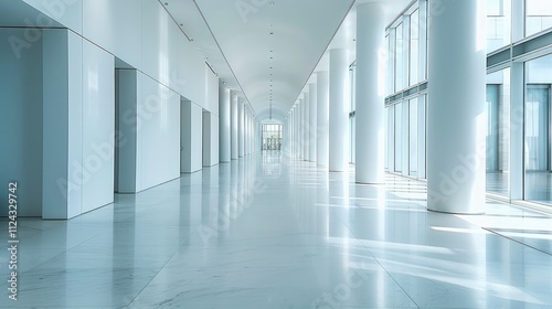 A long empty white wall along an modern interior building with high ceilings.