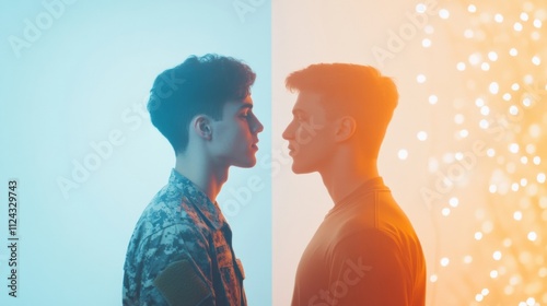 Dual Perspectives Soldier and Civilian in Soft Light Contrast