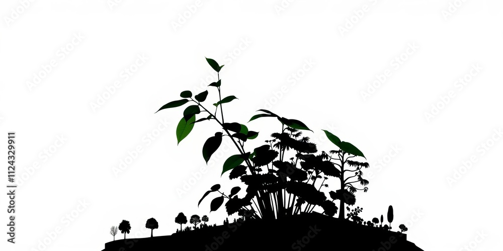 Various tree silhouettes in different shapes and sizes isolated on a white background, nature, shadows Various tree silhouettes in different shapes and sizes isolated on a white background, nature, shadows