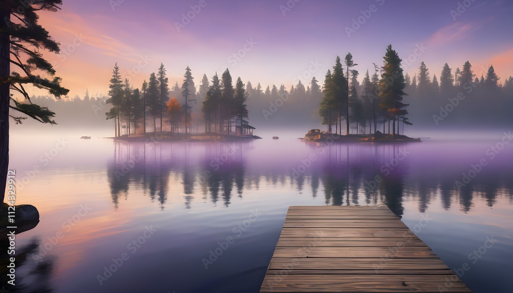 Obraz premium Foggy morning on the lake with wooden pier. 3d rendering