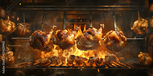 Grilled Rotisserie Chicken with Flames Barbecue Cooking Concept