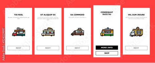 food truck street mobile cuisine onboarding mobile vector gourmet vendor, festival tacos, burgers fusion, bbq pizza, vegan, fries, dessert food truck street mobile cuisine illustrations