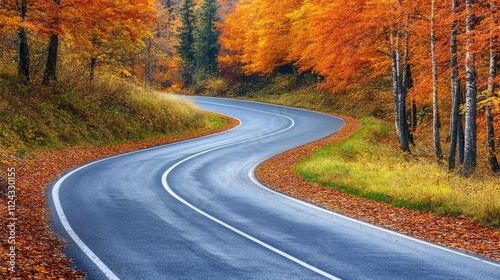 Serpentine Road Through Vibrant Autumn Forest with Orange and Yellow Leaves Illuminated by Soft Natural Light Creating a Scenic Fall Landscape