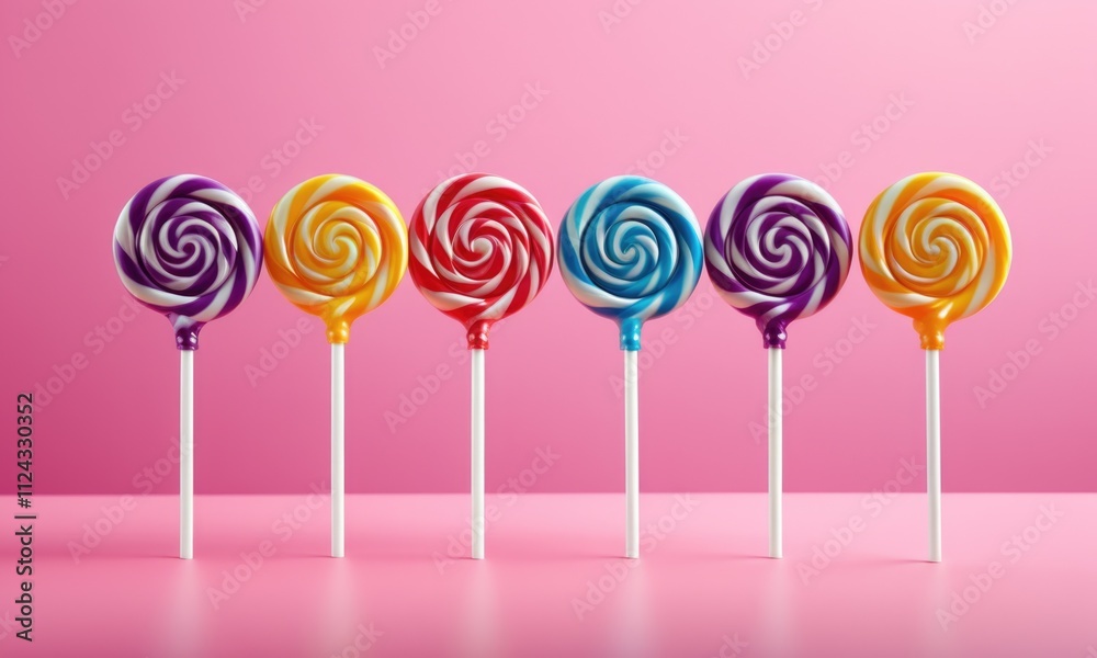 Colorful lollipops in a row against a pink background Colorful lollipops in a row against a pink background