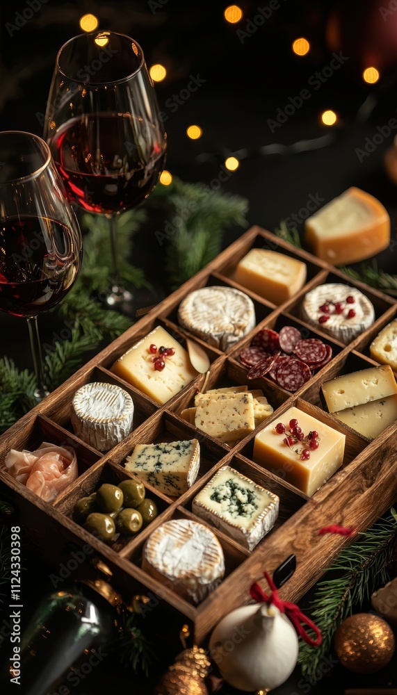 Gourmet Cheese Advent Calendar with Wine Glasses and Festive Greenery for Holiday Enjoyment Gourmet Cheese Advent Calendar with Wine Glasses and Festive Greenery for Holiday Enjoyment