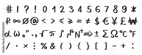Scribble black special math symbols, numbers and signs. Symbols are handwritten characters from the keyboard
