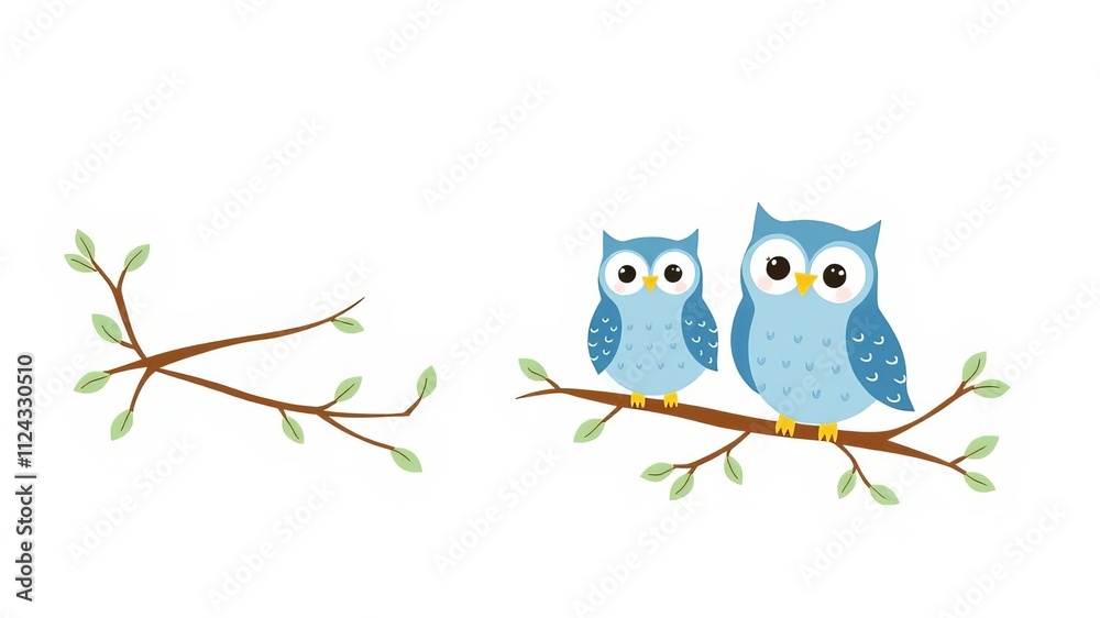 Fototapeta premium Vector collection of cute boy baby shower themed owls and branches in blue, green, and gray colors, themed, collection