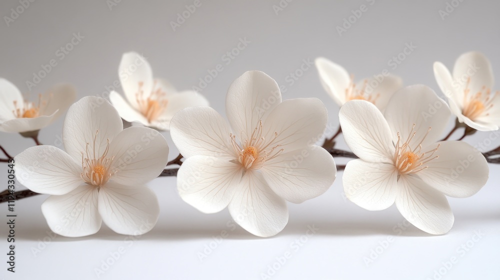 Delicate white flowers arranged on a branch, showcasing beauty. Delicate white flowers arranged on a branch, showcasing beauty.