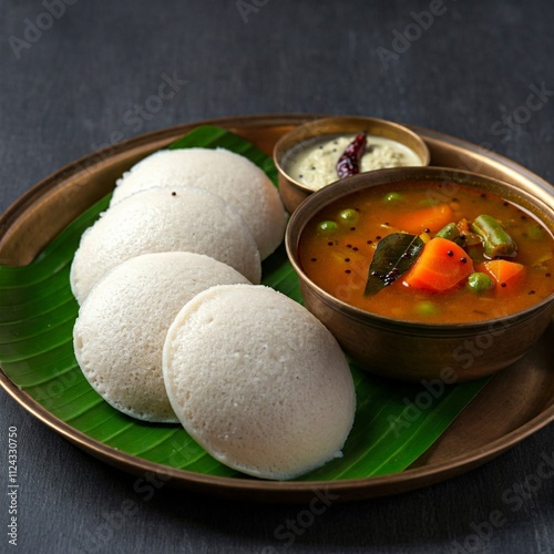 An authentic platter of idlis accompanied by rich sambar and creamy coconut chutney, garnished with curry leaves, mustard seeds, and red chilies for a delightful South Indian experience photo