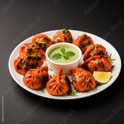 A vibrant serving of tandoori momos with a smoky, charred finish, coated in a spicy yogurt marinade and served with tangy mint chutney, garnished with fresh coriander and lemon