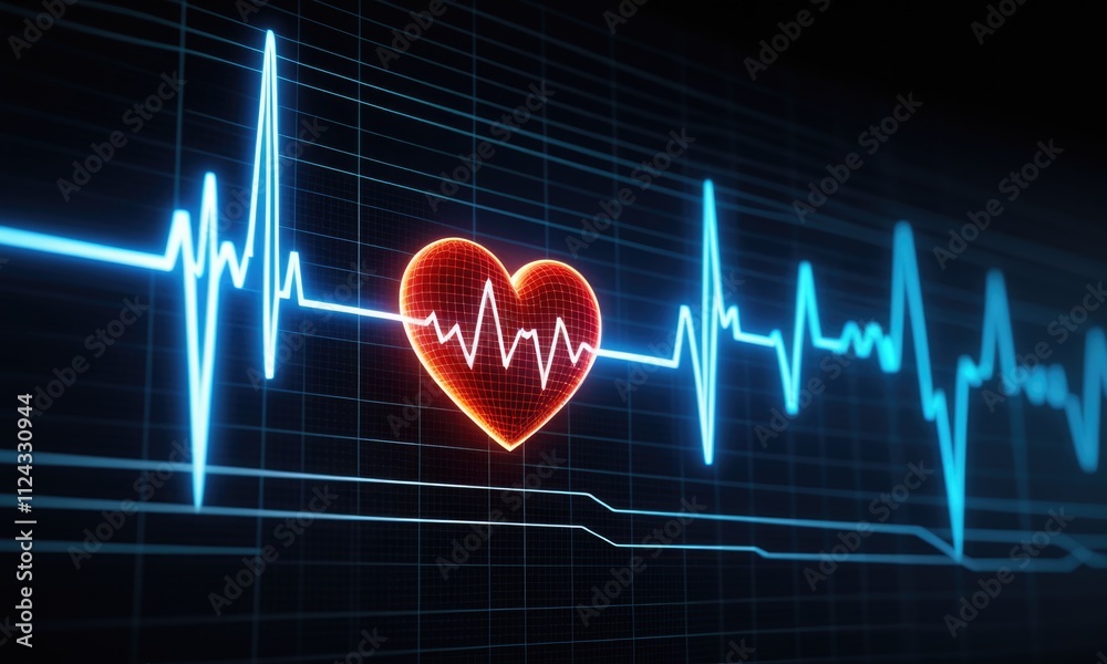 Medical heartbeat monitor with glowing red heart on electrocardiogram display Medical heartbeat monitor with glowing red heart on electrocardiogram display