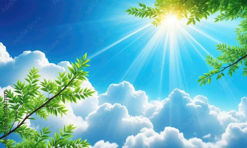 Serene sky view with sunlight and green leaves over fluffy clouds Serene sky view with sunlight and green leaves over fluffy clouds