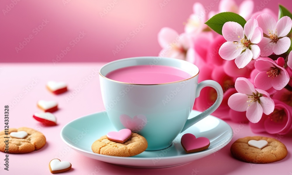 Fototapeta premium Elegant tea cup with pink blossoms and heart cookies on a pastel background