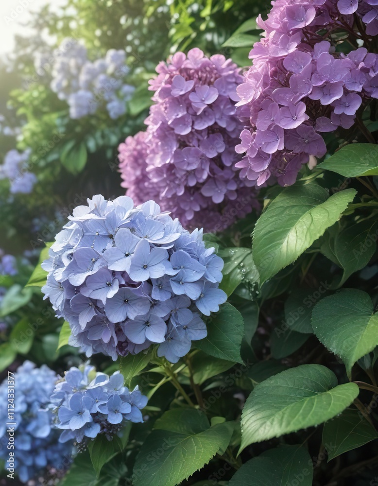 Softly falls morning dew on hydrangeas and lilacs , lilac, hydrangea, rustic scene Softly falls morning dew on hydrangeas and lilacs , lilac, hydrangea, rustic scene