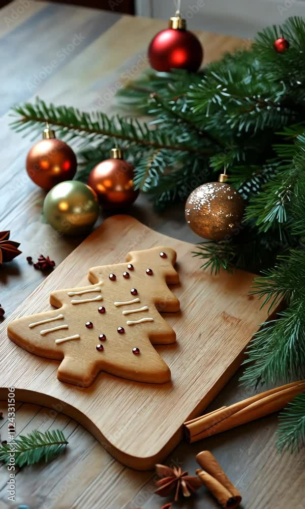 A wooden cutting board with a cookie tree on it and some spices A wooden cutting board with a cookie tree on it and some spices