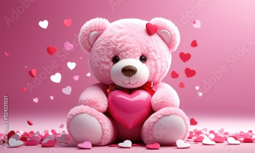 Adorable pink teddy bear holding heart surrounded by floating hearts on soft pink background