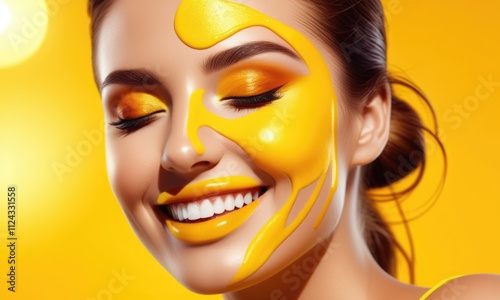 Radiant beauty with vibrant yellow makeup on smiling woman's face