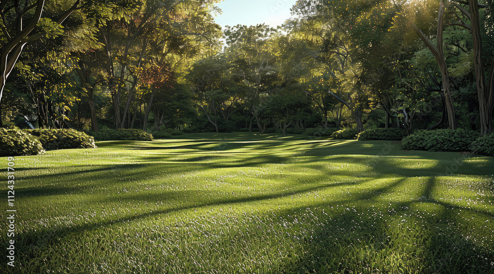 Fototapeta premium Park grass scenery. green grass field in big city park