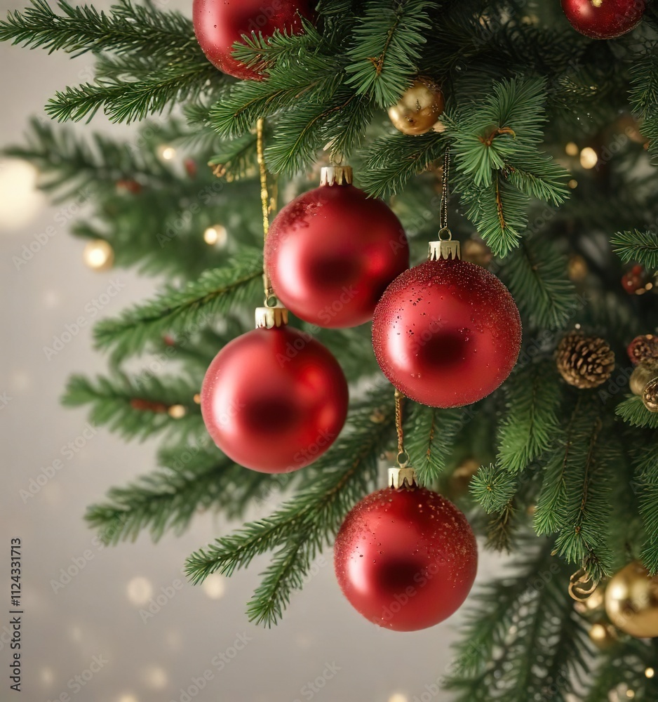 Sparkling evergreen branches with red and gold Christmas ornaments, snowflake, sparkles Sparkling evergreen branches with red and gold Christmas ornaments, snowflake, sparkles