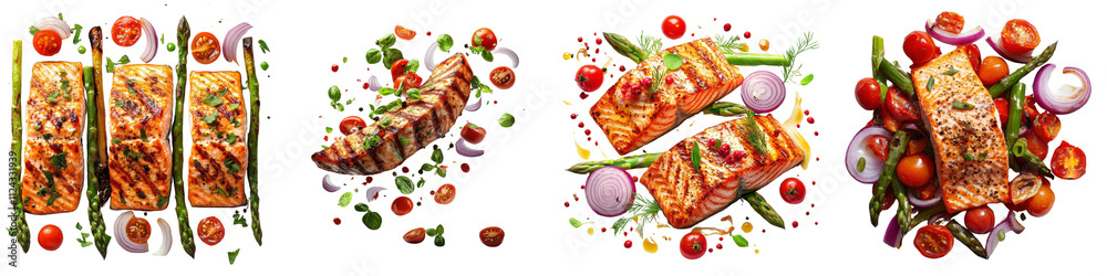 A Set of Grilled Salmon with Fresh Colorful Vegetables for Modern Dining Isolated on Transparent Background A Set of Grilled Salmon with Fresh Colorful Vegetables for Modern Dining Isolated on Transparent Background