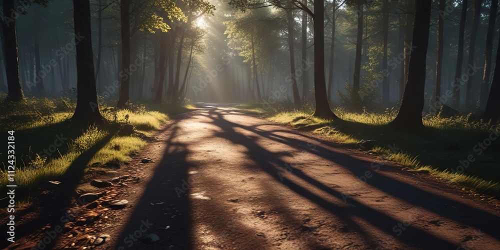 Fototapeta premium Streetlight casting long shadows in the woods, trees, nighttime scenery, wooded area